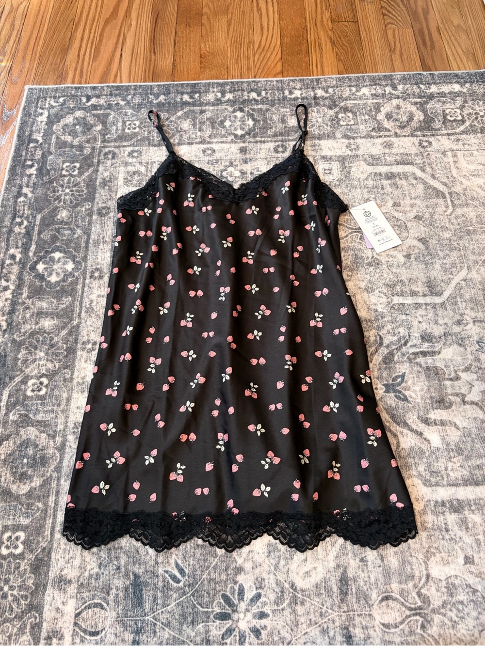 Black Floral Lace-Trim Slip Chemise with Pink strawberry Accents